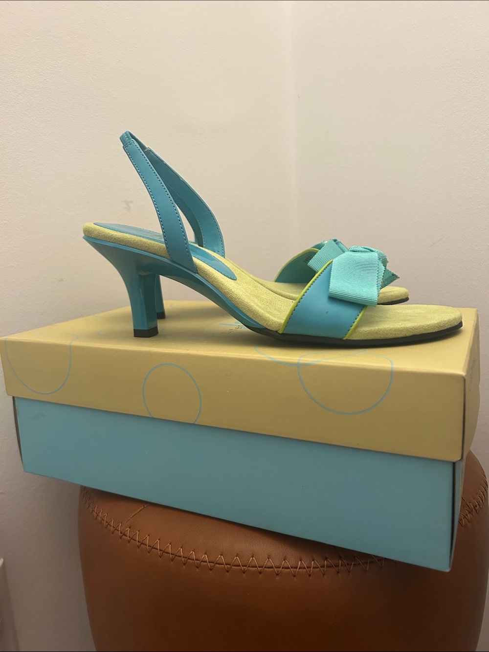 Life Stride Aqua and Yellow Bow Slingback Heels 7.5